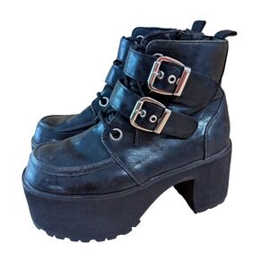 T.U.K. 2-Buckle Nosebleed Boots Womens Size 7 Black Vegan Leather Platform